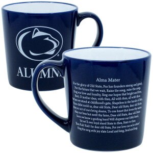 navy ceramic mug with Penn State Alumni on one side, Penn State Alma Mater on other